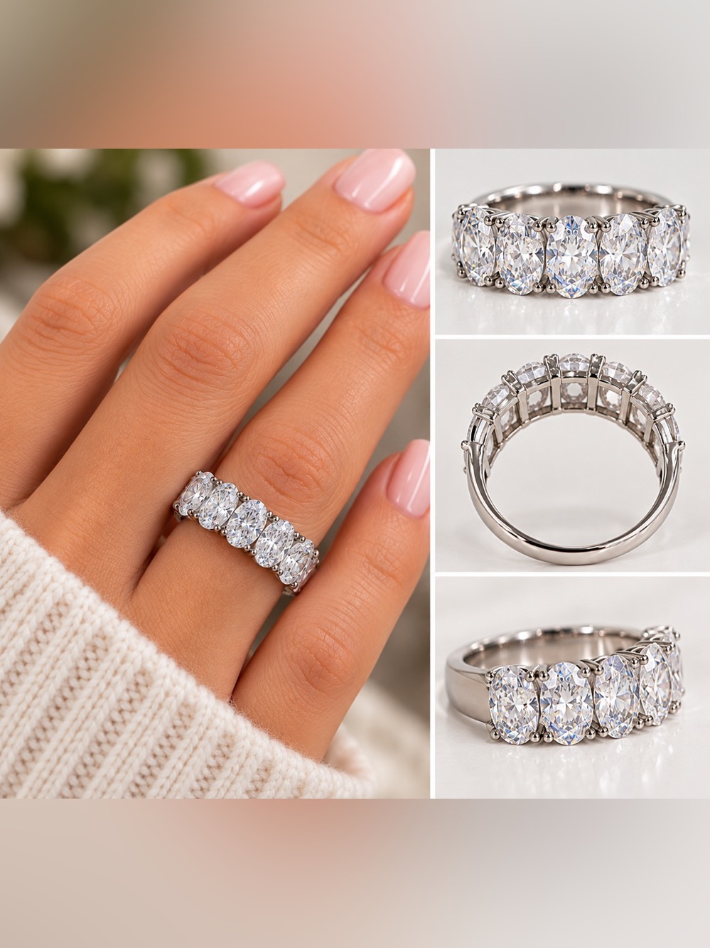 Moissanite 3 CT Oval Five Stone Ring Silver Tone Size 9 GRA Certificate